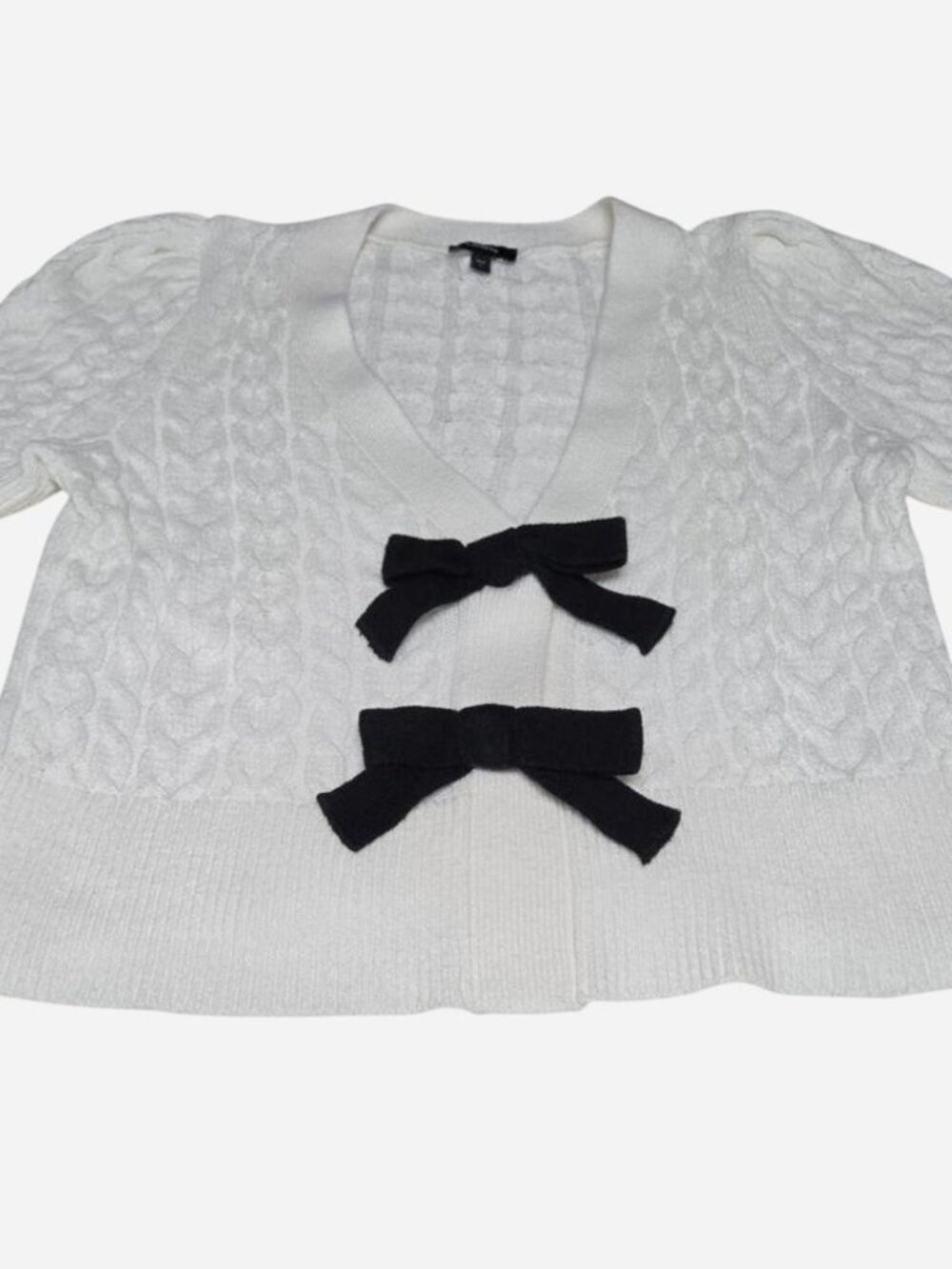 Express Ivory Cable Knit Bow Front Short Sleeve Cardigan - S
